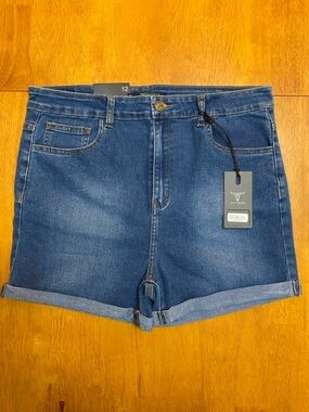 NWT Lucky and Blessed High Rise, Med Blue Rolled Hem Denim Shorts, Women Sz 12
